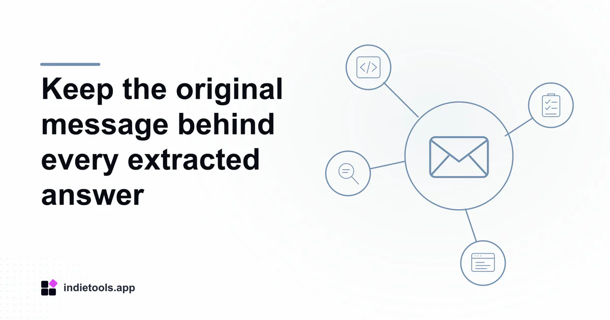 Keep the original message behind every extracted answer: email illustration with IndieTools branding