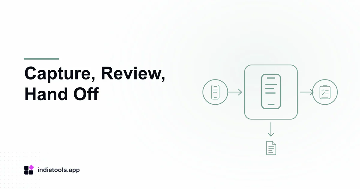 Capture, Review, Hand Off: phone illustration with IndieTools branding
