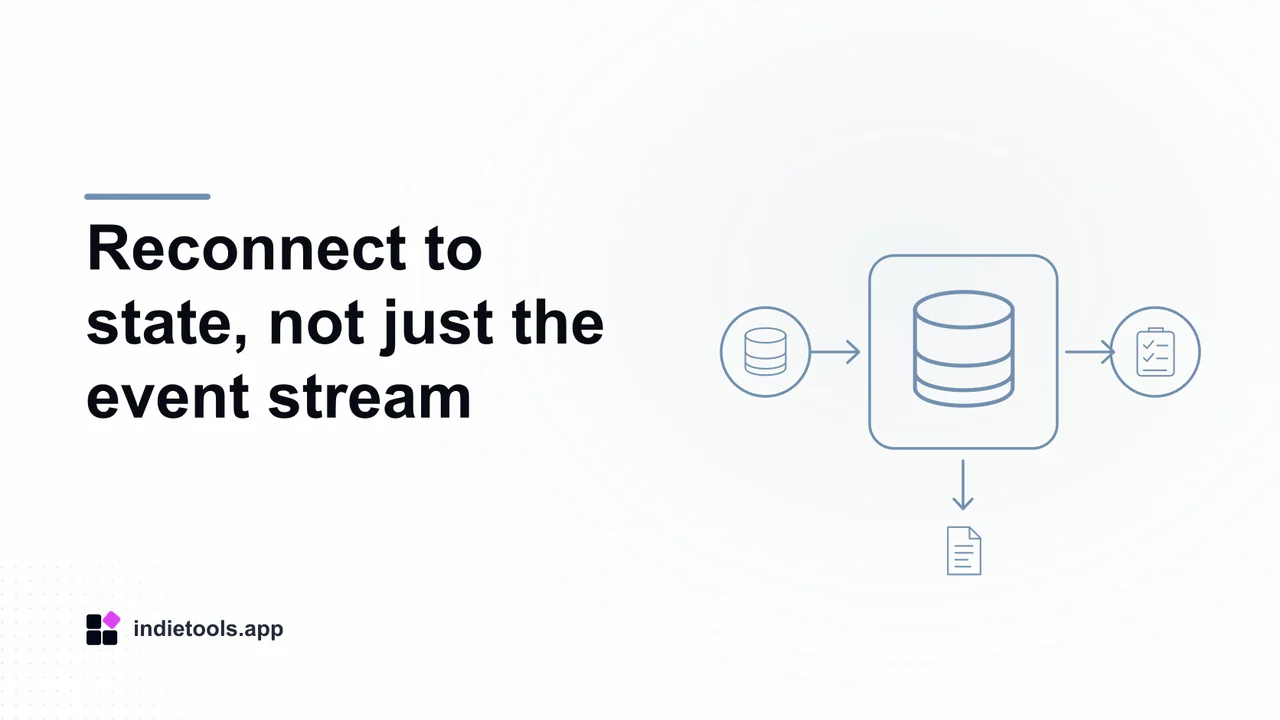 Reconnect to state, not just the event stream: database illustration with IndieTools branding
