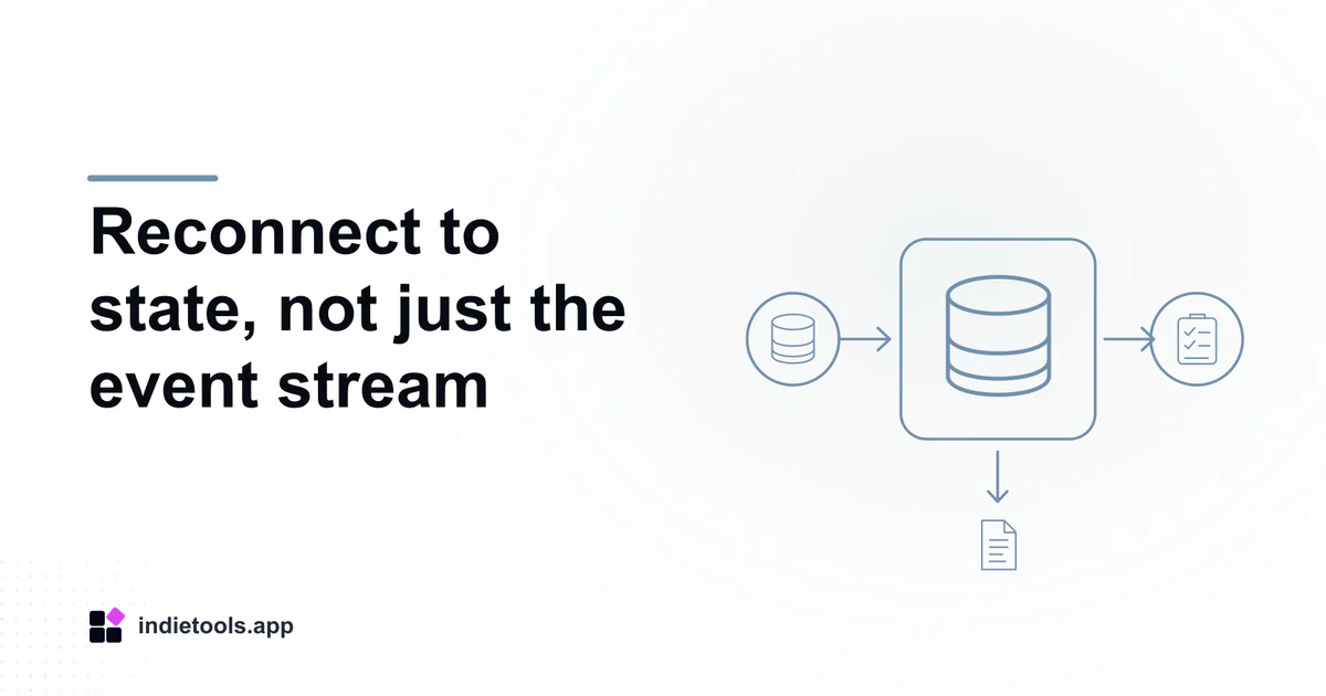 Reconnect to state, not just the event stream: database illustration with IndieTools branding