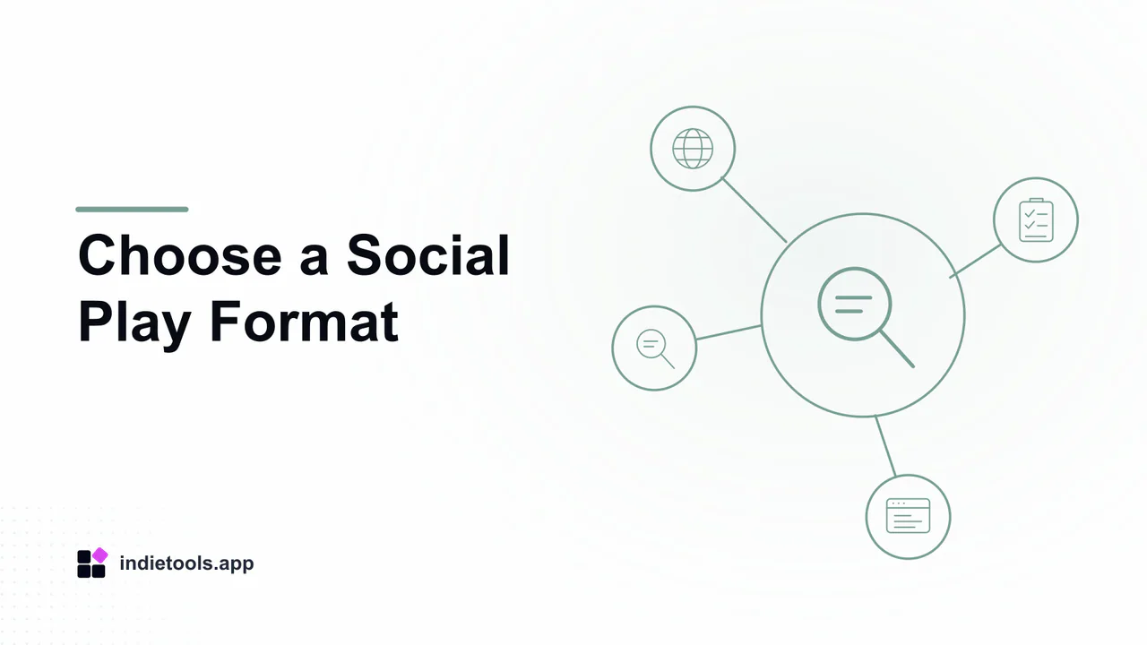 Choose a Social Play Format: search illustration with IndieTools branding