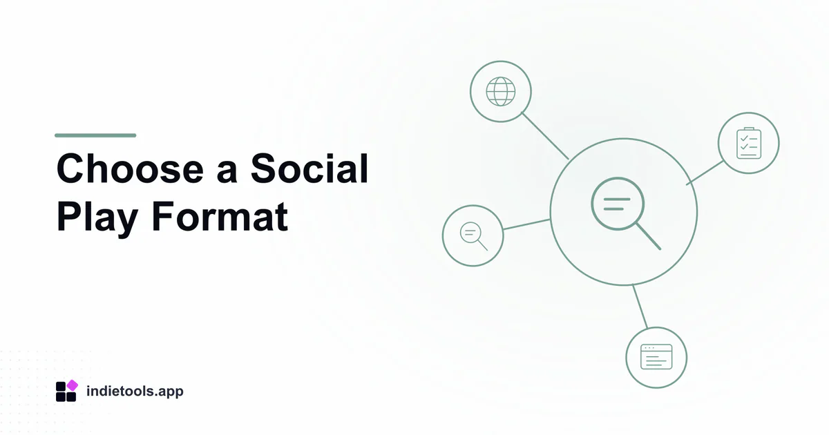 Choose a Social Play Format: search illustration with IndieTools branding