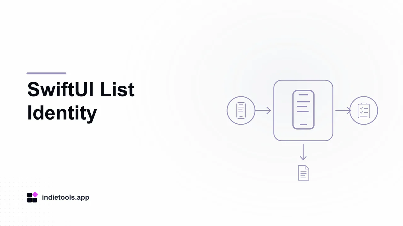 SwiftUI List Identity: phone illustration with IndieTools branding