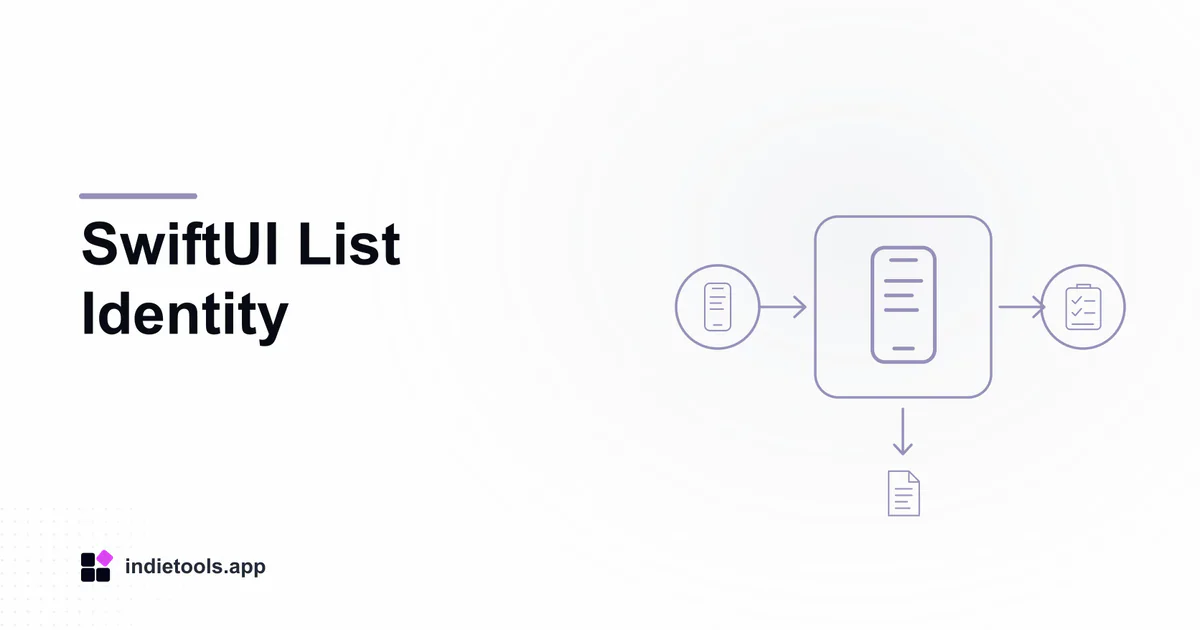 SwiftUI List Identity: phone illustration with IndieTools branding