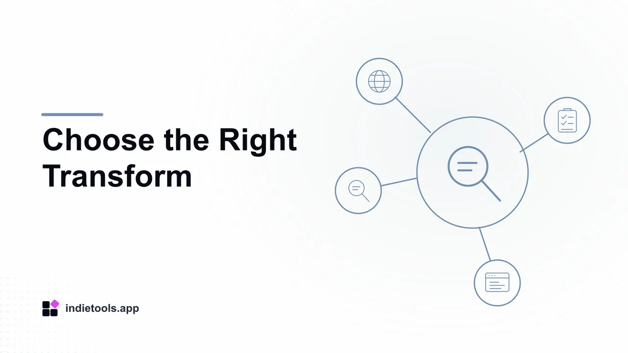 Choose the Right Transform: search illustration with IndieTools branding