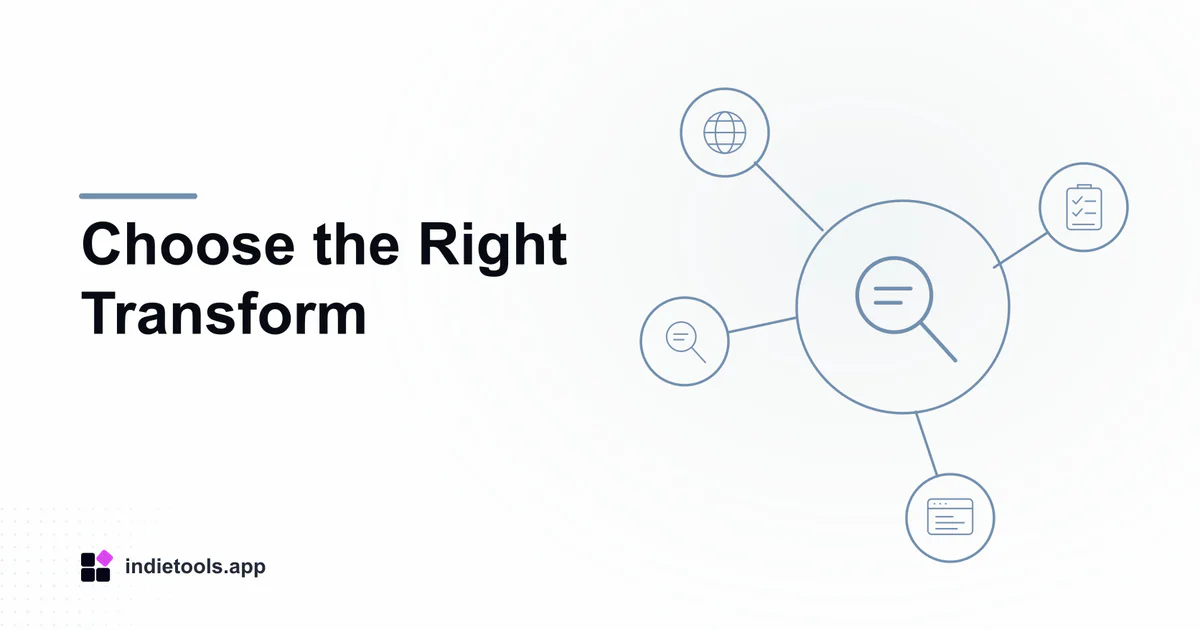 Choose the Right Transform: search illustration with IndieTools branding