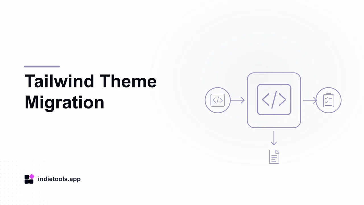 Tailwind Theme Migration: code illustration with IndieTools branding