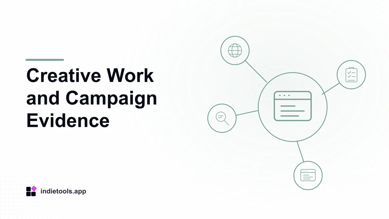 Creative Work and Campaign Evidence: browser illustration with IndieTools branding