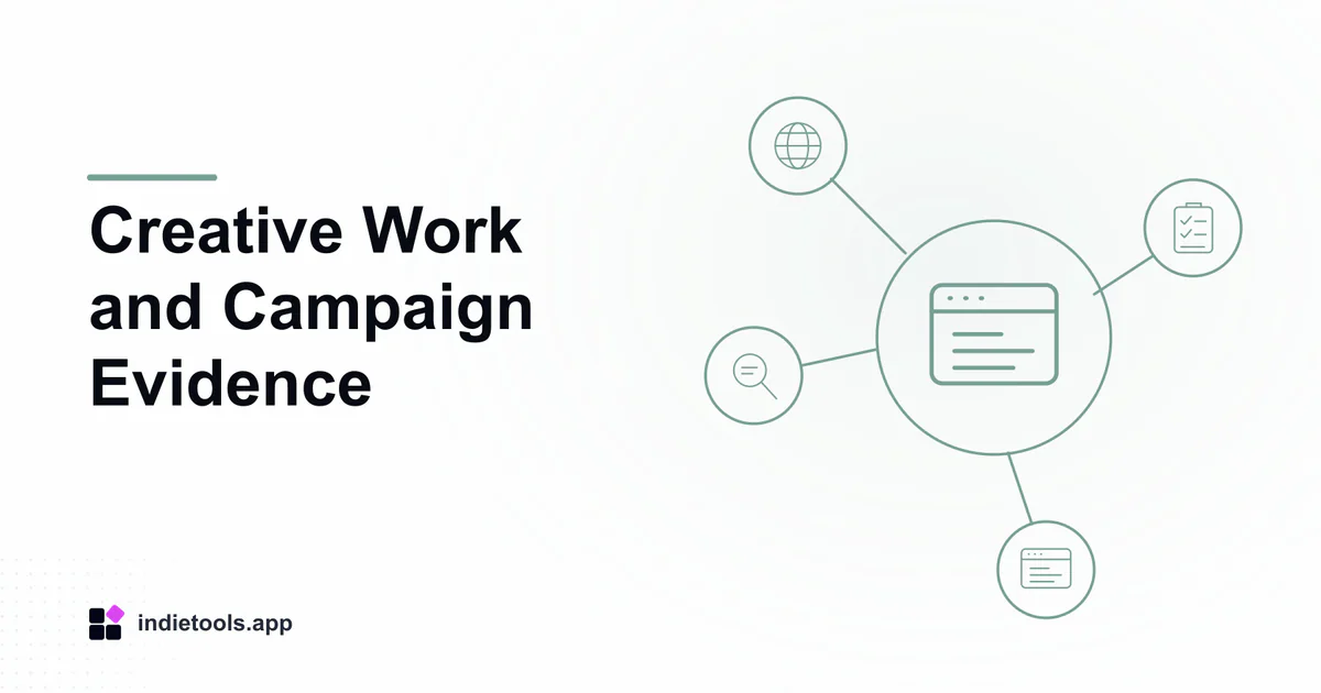 Creative Work and Campaign Evidence: browser illustration with IndieTools branding