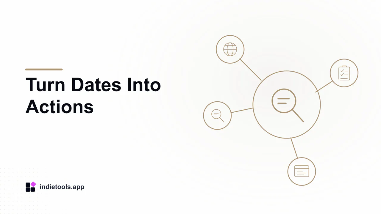 Turn Dates Into Actions: search illustration with IndieTools branding