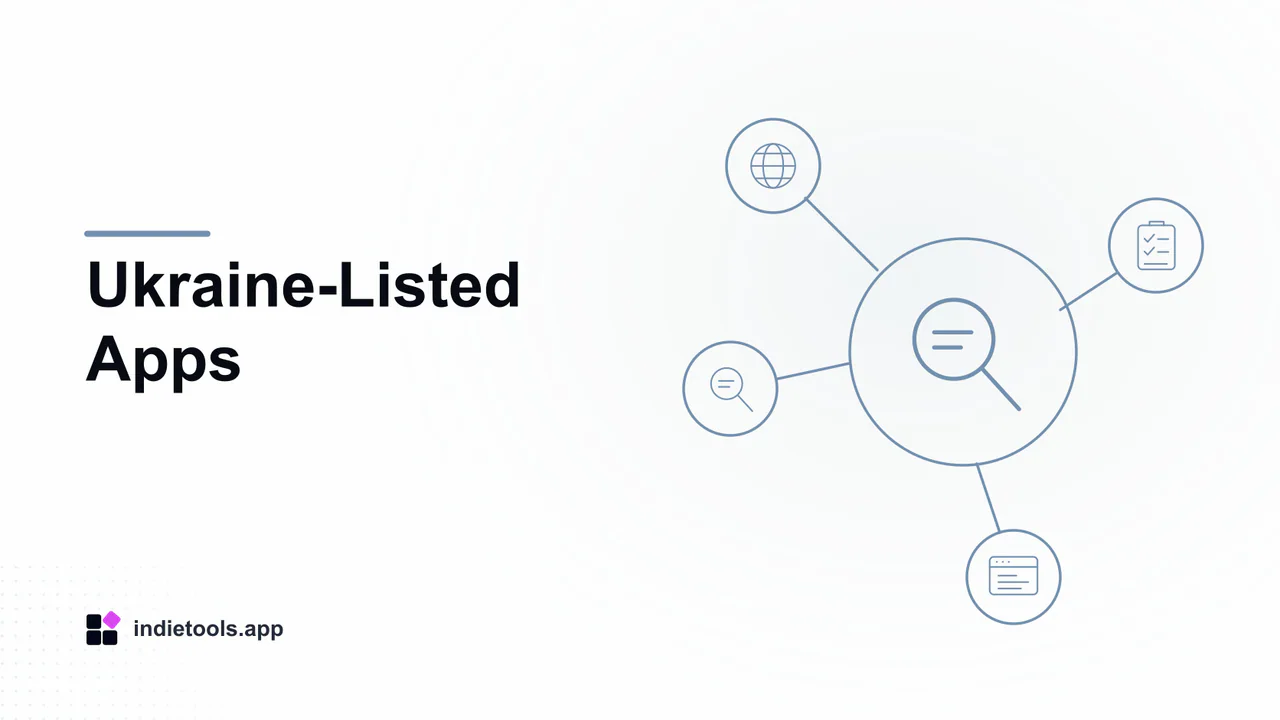 Ukraine-Listed Apps: search illustration with IndieTools branding