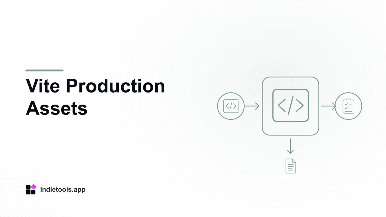 Vite Production Assets: code illustration with IndieTools branding
