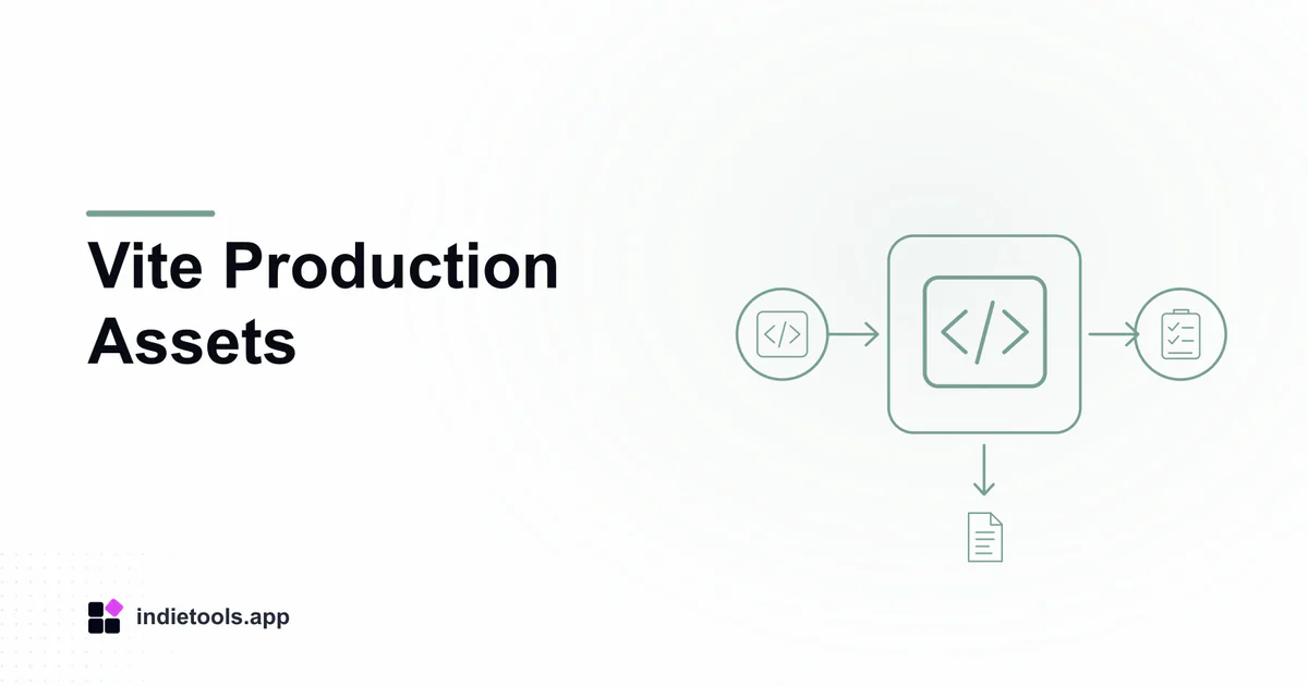 Vite Production Assets: code illustration with IndieTools branding