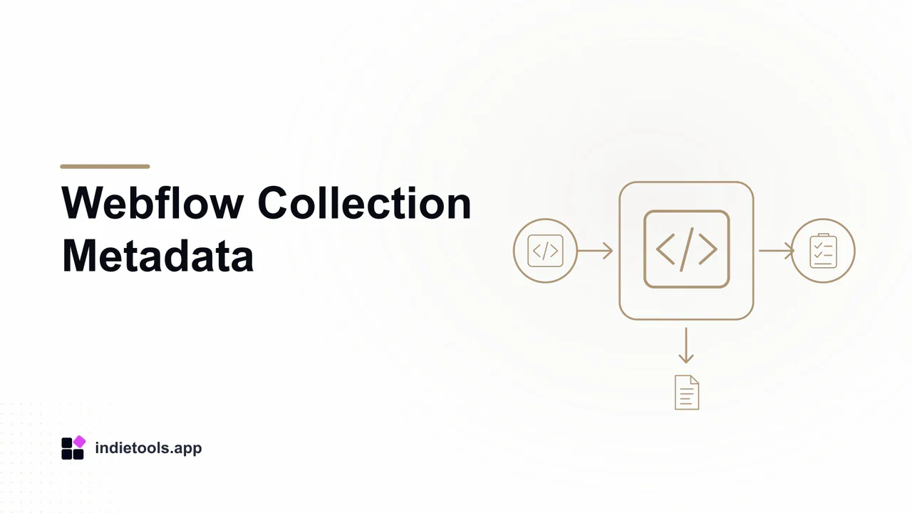 Webflow Collection Metadata: code illustration with IndieTools branding
