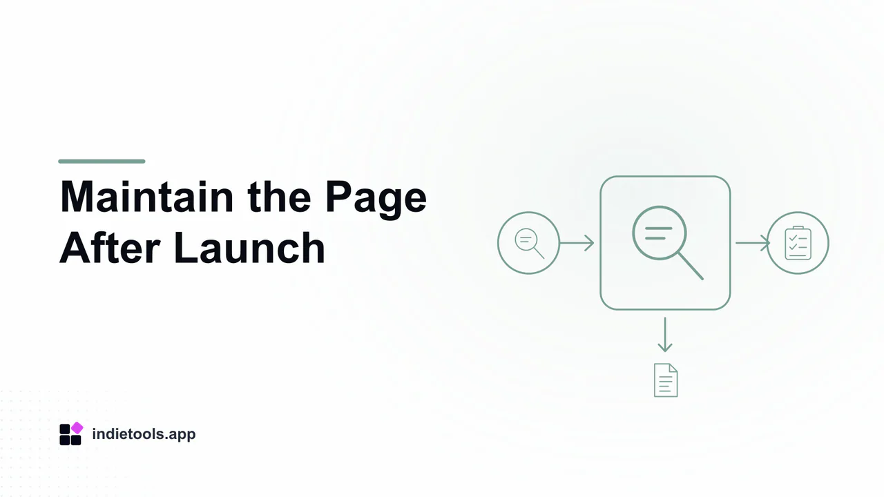 Maintain the Page After Launch: search illustration with IndieTools branding