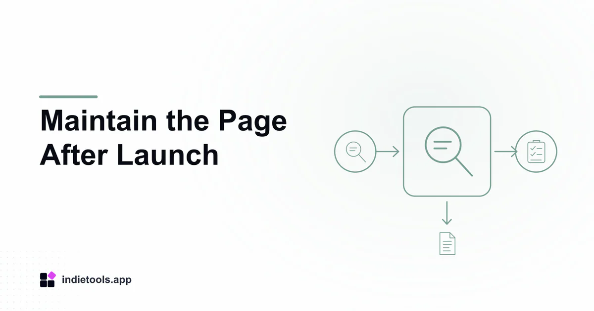 Maintain the Page After Launch: search illustration with IndieTools branding