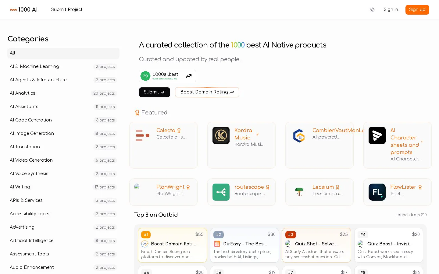 1000 AI website homepage