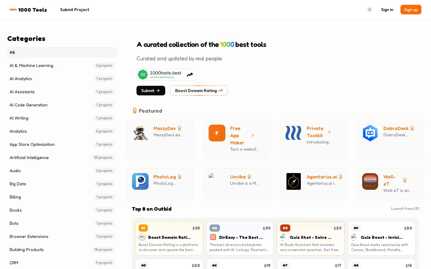 1000 Tools website homepage