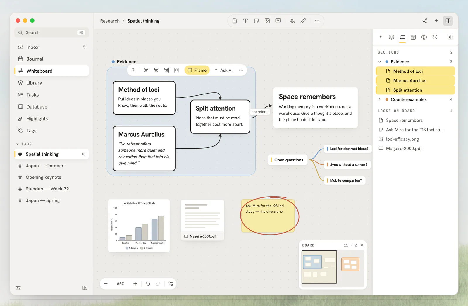 Acres research interface showing split attention method diagram and space reminders sidebar