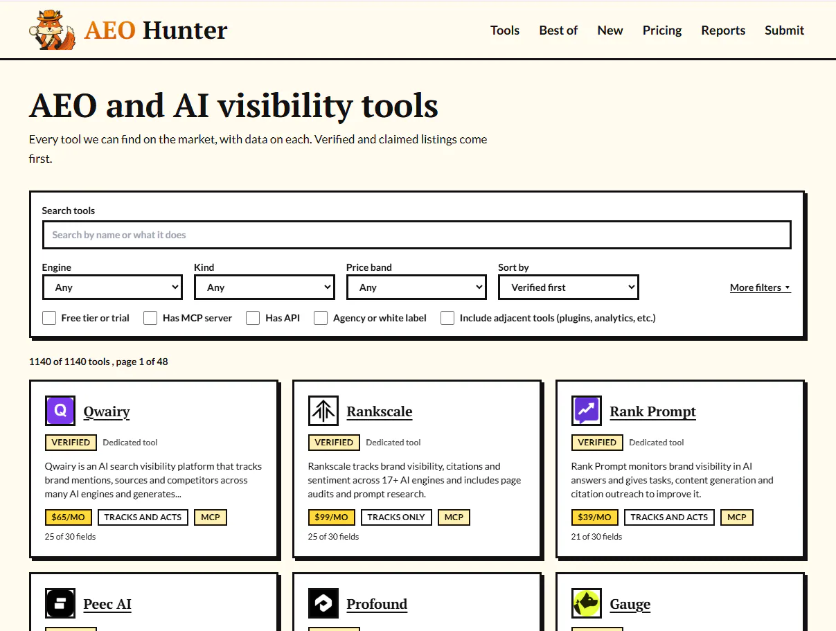 AEO Hunter product screenshot showing a search interface for AEO and AI visibility tools with verified listings