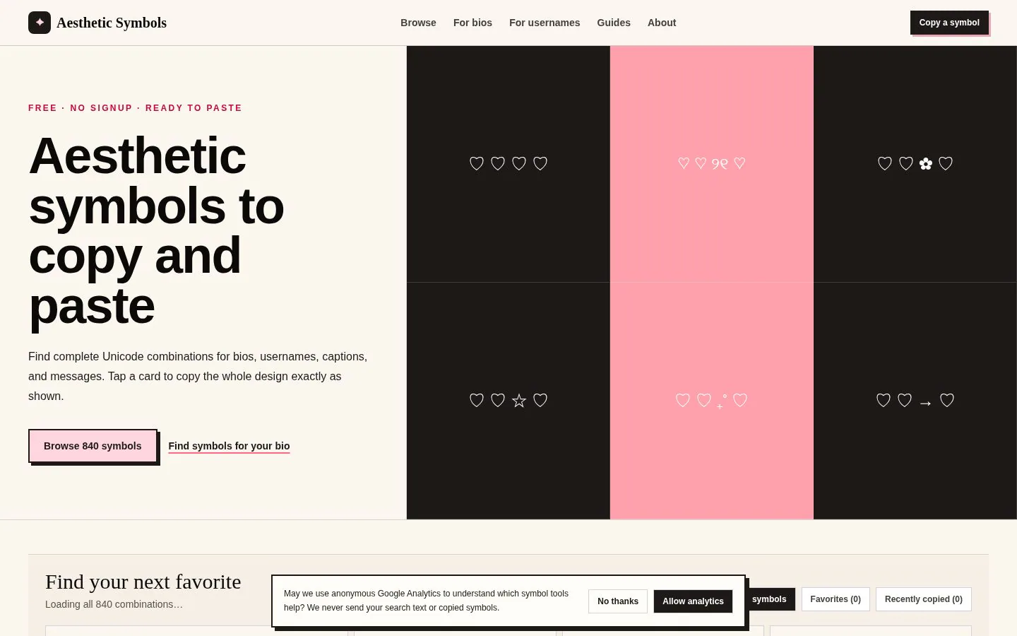 Homepage of aestheticsymbols.app