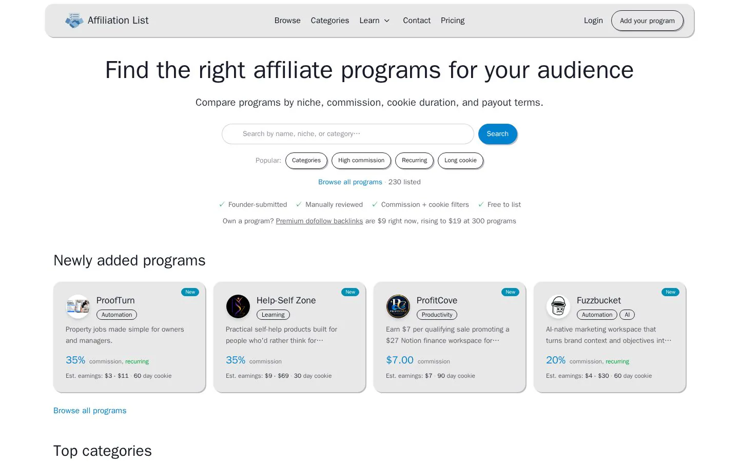 AffiliationList website homepage