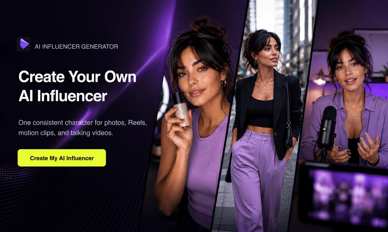 AI Influencer Generator screenshot showing a woman holding a bottle of liquid in her hand