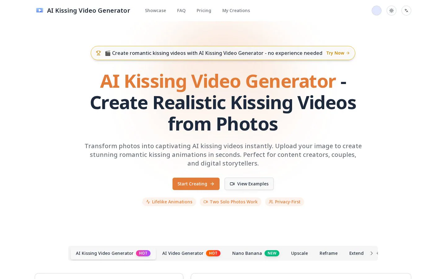 AI Kissing Video Generator website homepage