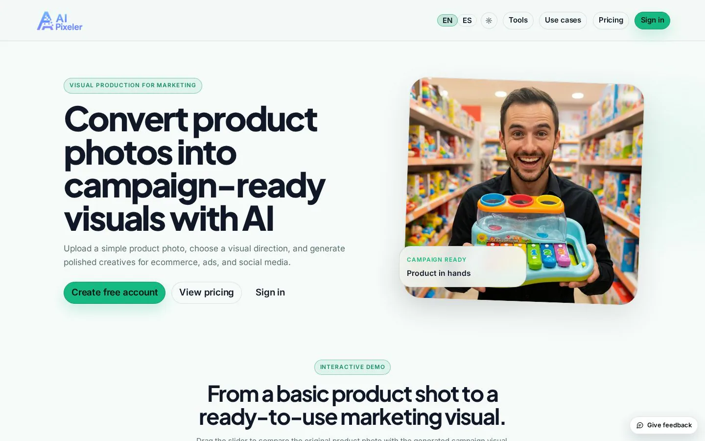 AI Product Photos and Marketing Visuals website homepage