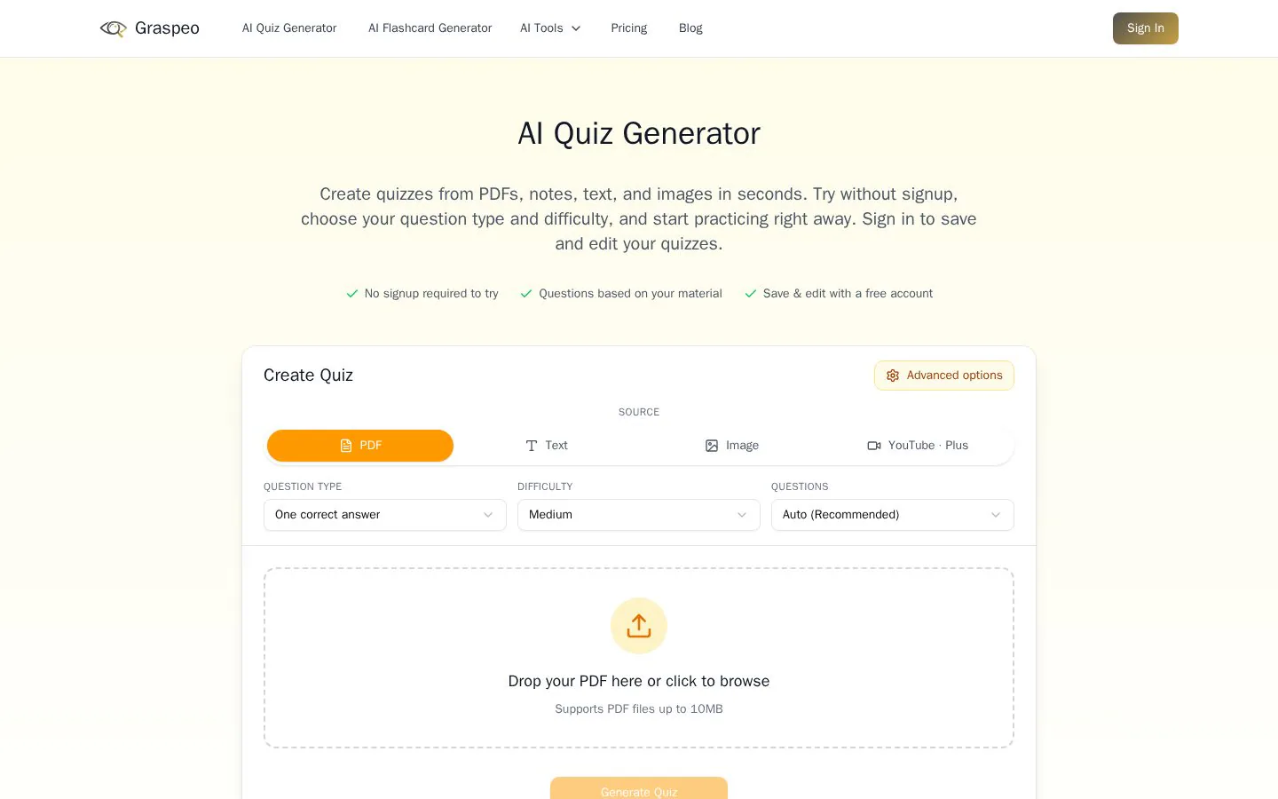 ai quiz generator website homepage