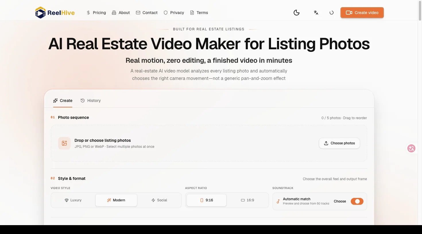 AI Real Estate Video Maker for Listing Photos screenshot showing a website page for real estate videos with a list of photos