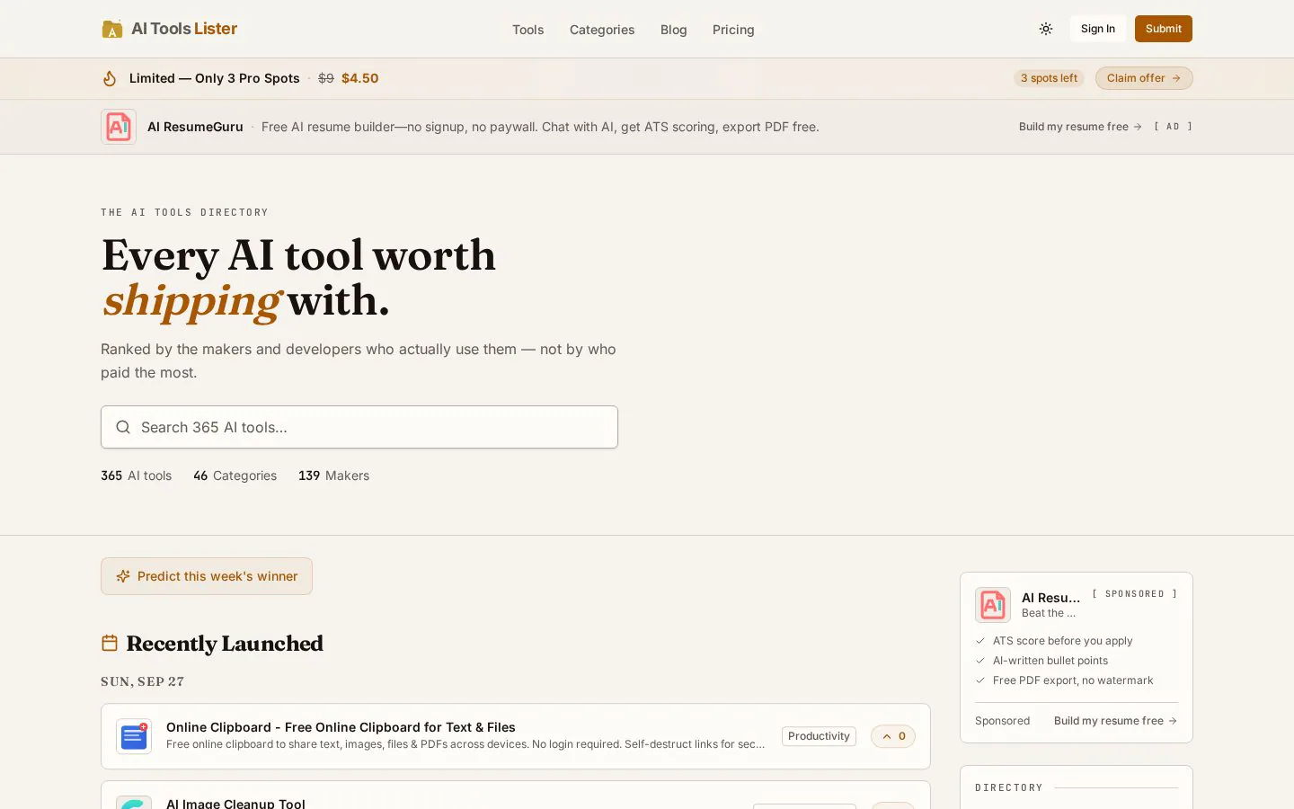 AI Tools Lister website homepage