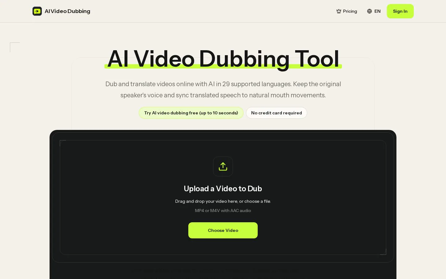 AI Video Dubbing Tool website homepage