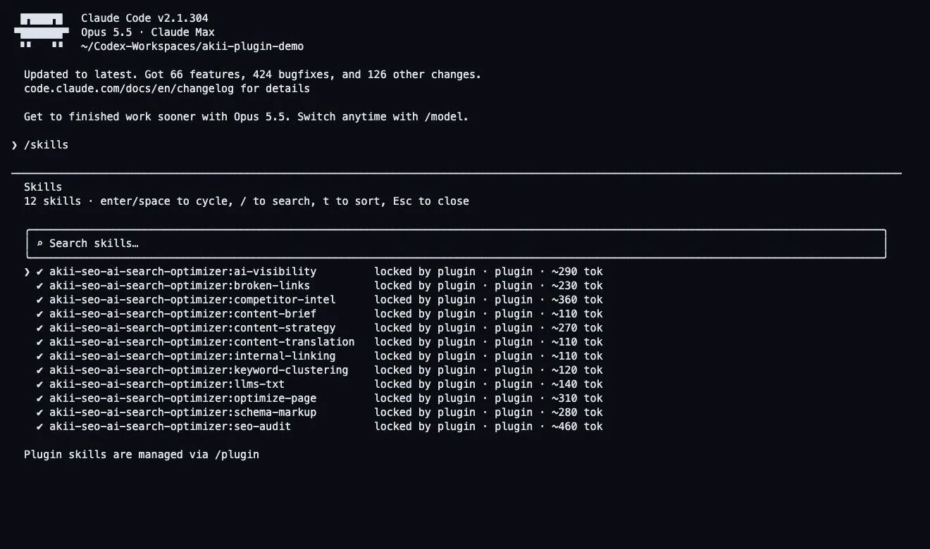 Claude Code skills menu showing all 12 Akii plugin skills