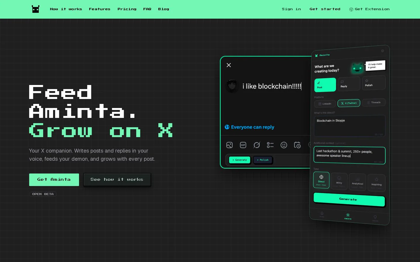 Aminta website homepage