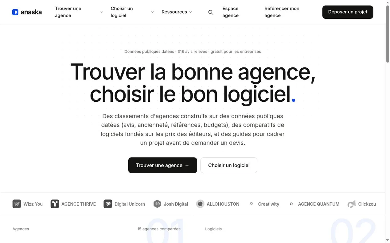 A web page with a title that says "Trouver la bonne agency choisir le bon logiciel".