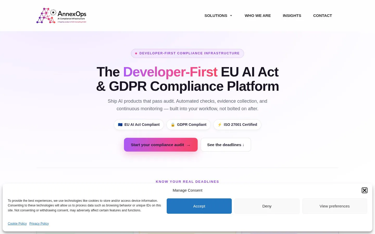 AnnexOps homepage featuring the Developer-First EU AI Act and GDPR Compliance Platform with options to start your compliance audit.
