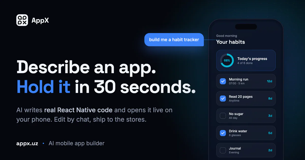 AppX is an AI mobile app builder that generates code from text descriptions