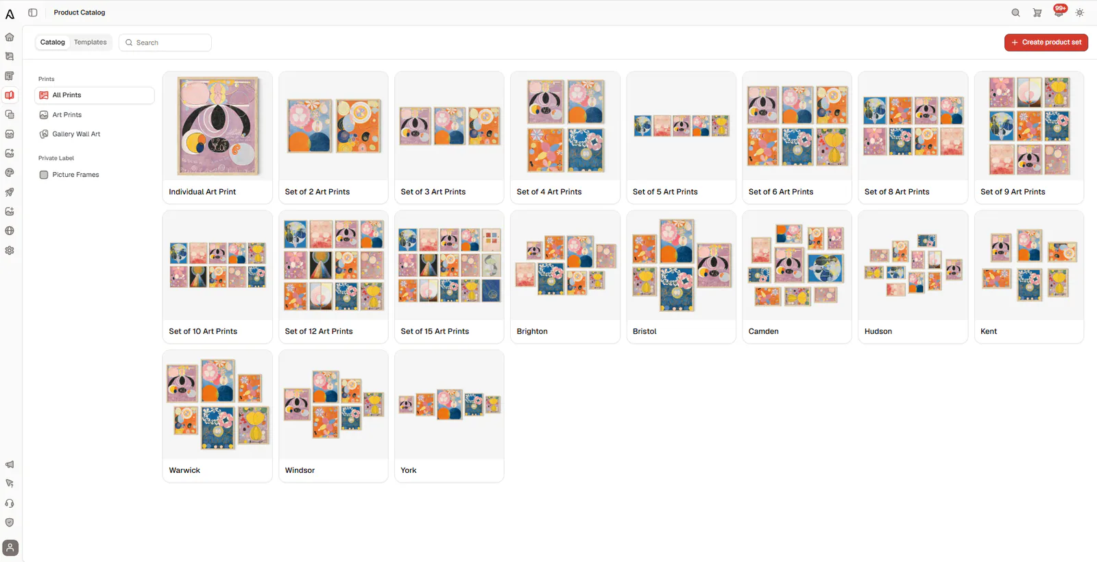 Artelo product screenshot showing a grid of print on demand artwork thumbnails with category labels