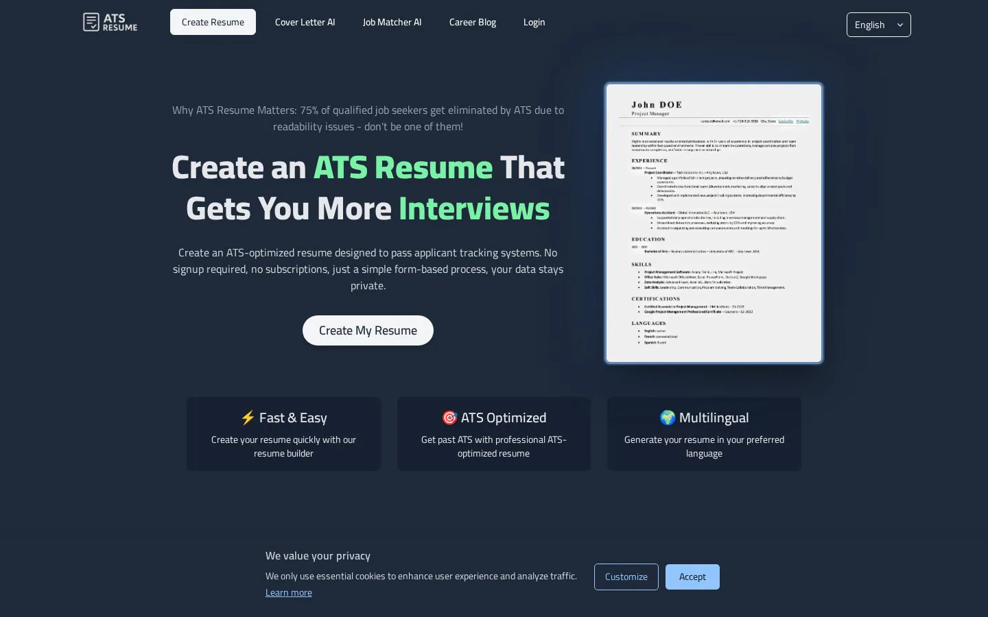 ATS Resume website homepage