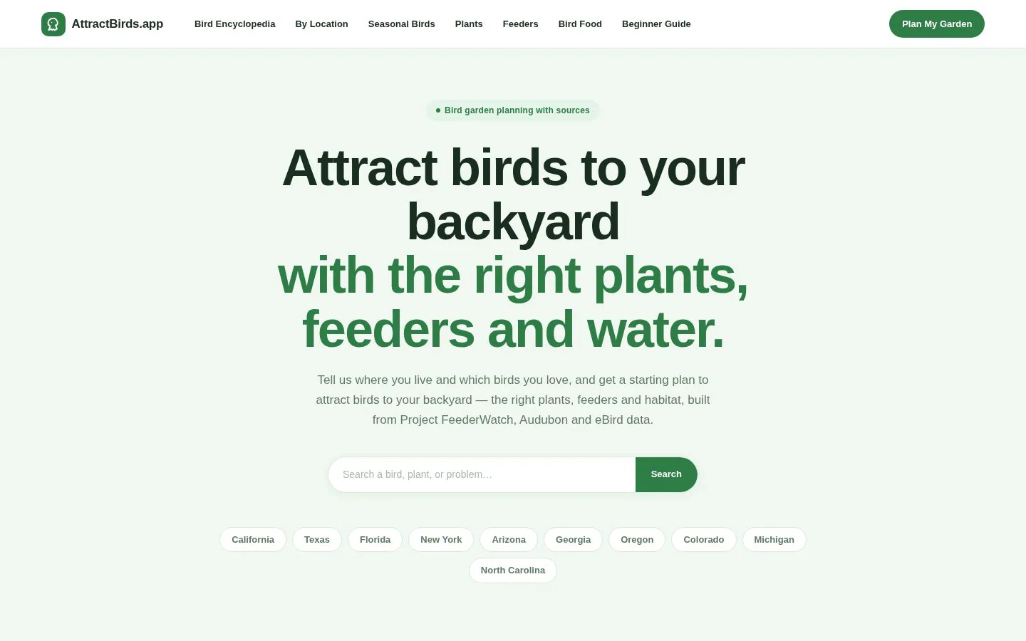 Homepage of attractbirds.app