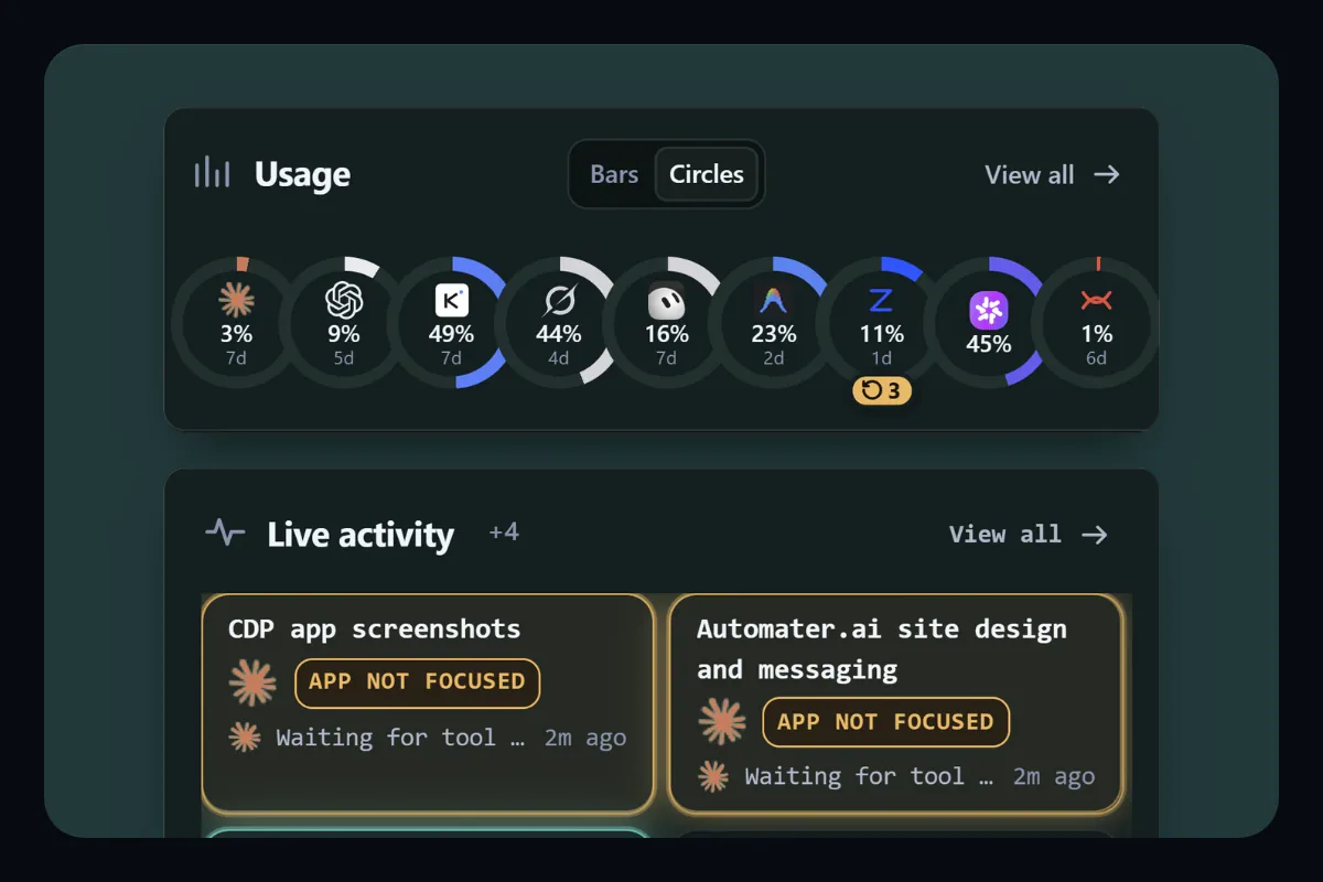 AUTOMATER ai dashboard showing usage bars and live activity notifications