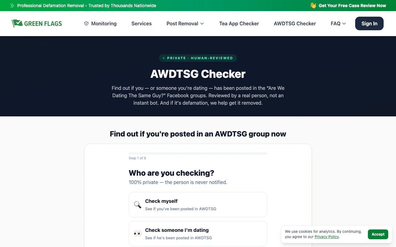 AWDTSG Checker - Are We Dating The Same screenshot showing a green flag