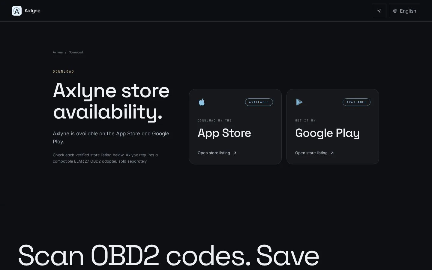 Axlyne download page with App Store and Google Play links