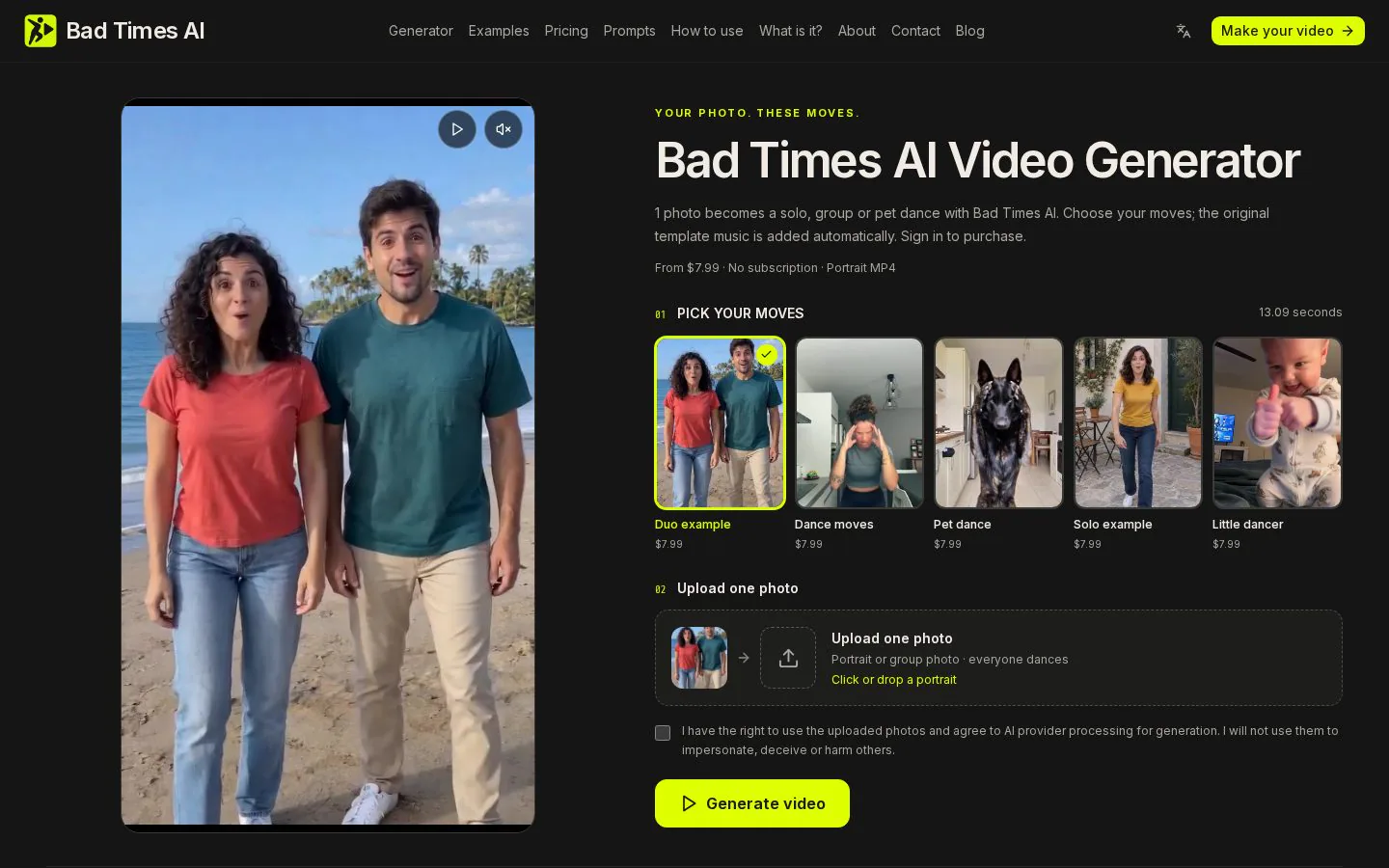Bad Times AI screenshot showing a video maker