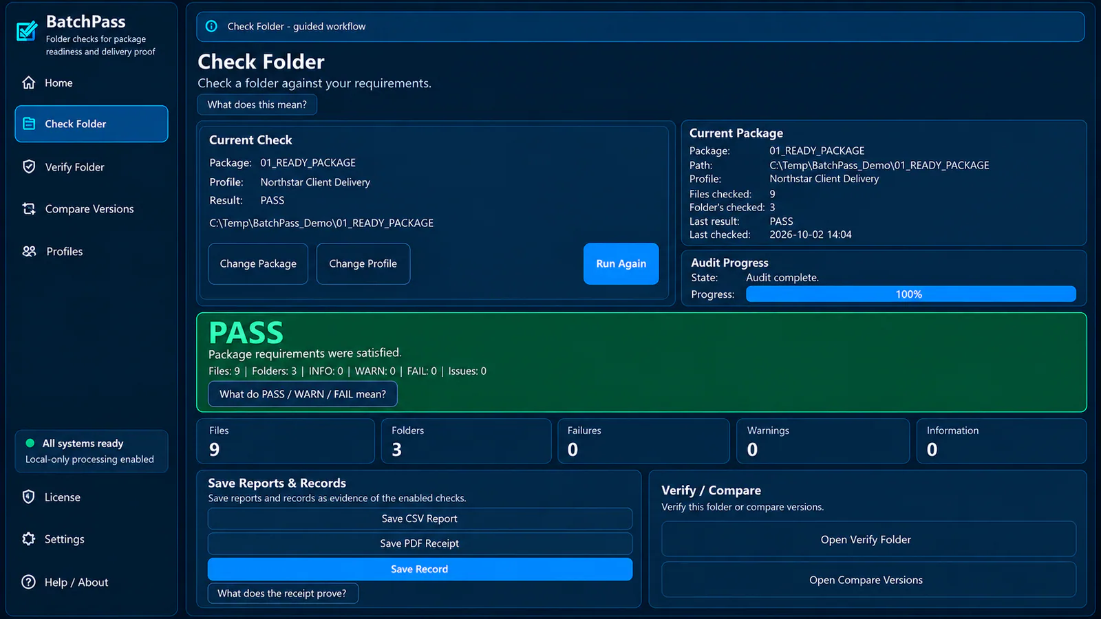 BatchPass Check Folder interface showing a pass result with package and profile details