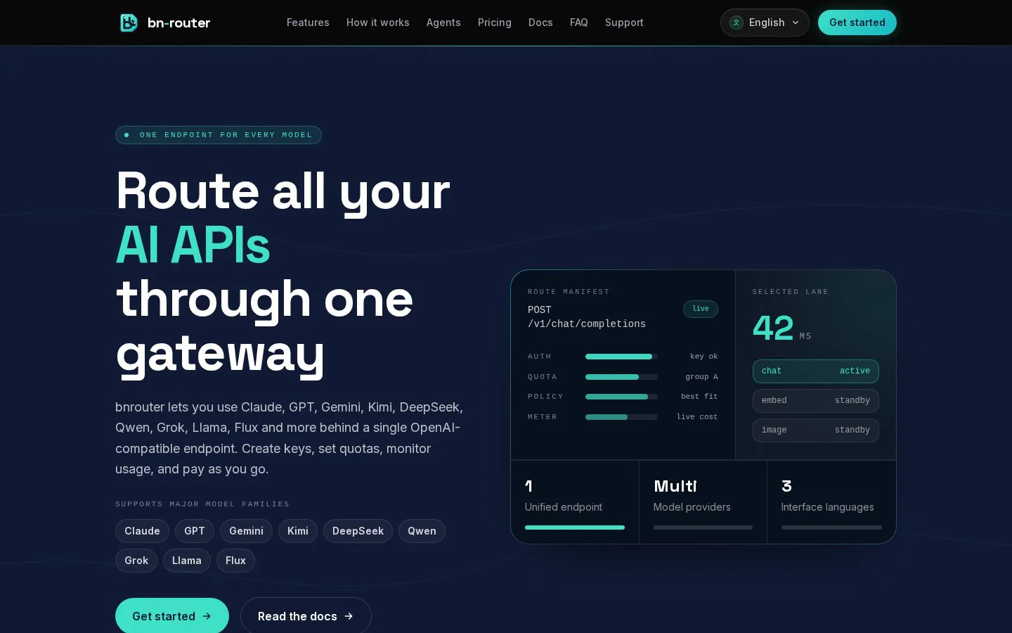 bnrouter product screenshot showing OpenAI compatible AI API gateway interface
