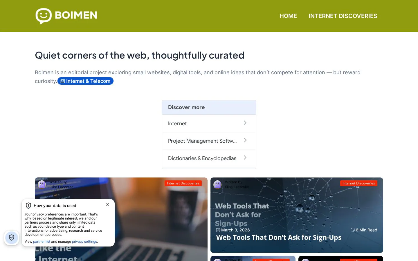 Boimen website homepage