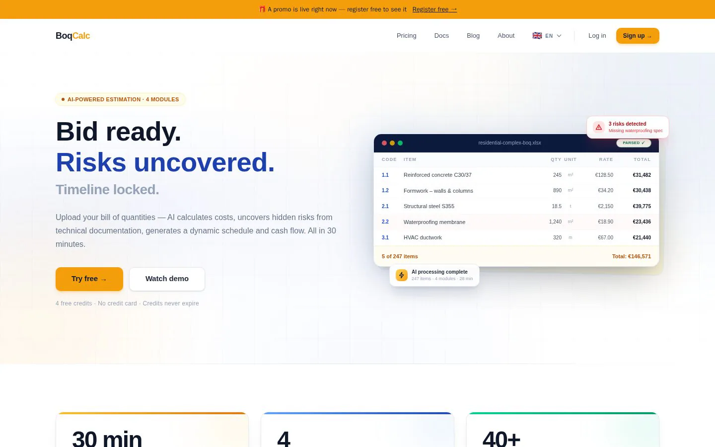 BoqCalc website homepage