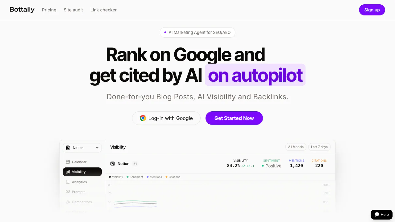 Bottally screenshot showing a search bar for All Marketing Agent for SEO/AEO